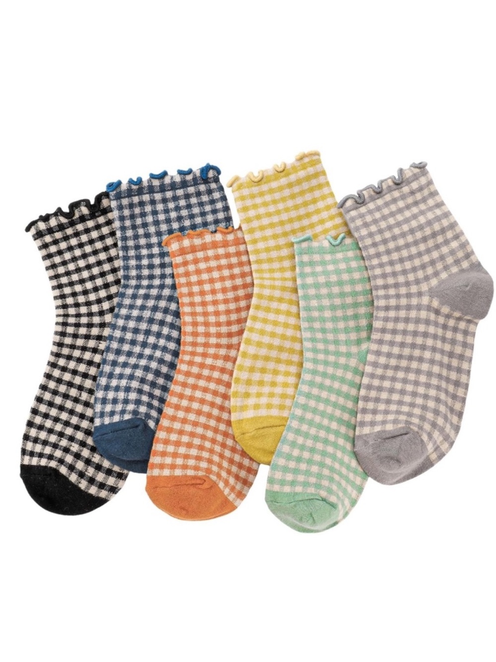 Gingham Ruffle Ankle Socks - Set 6pairs New